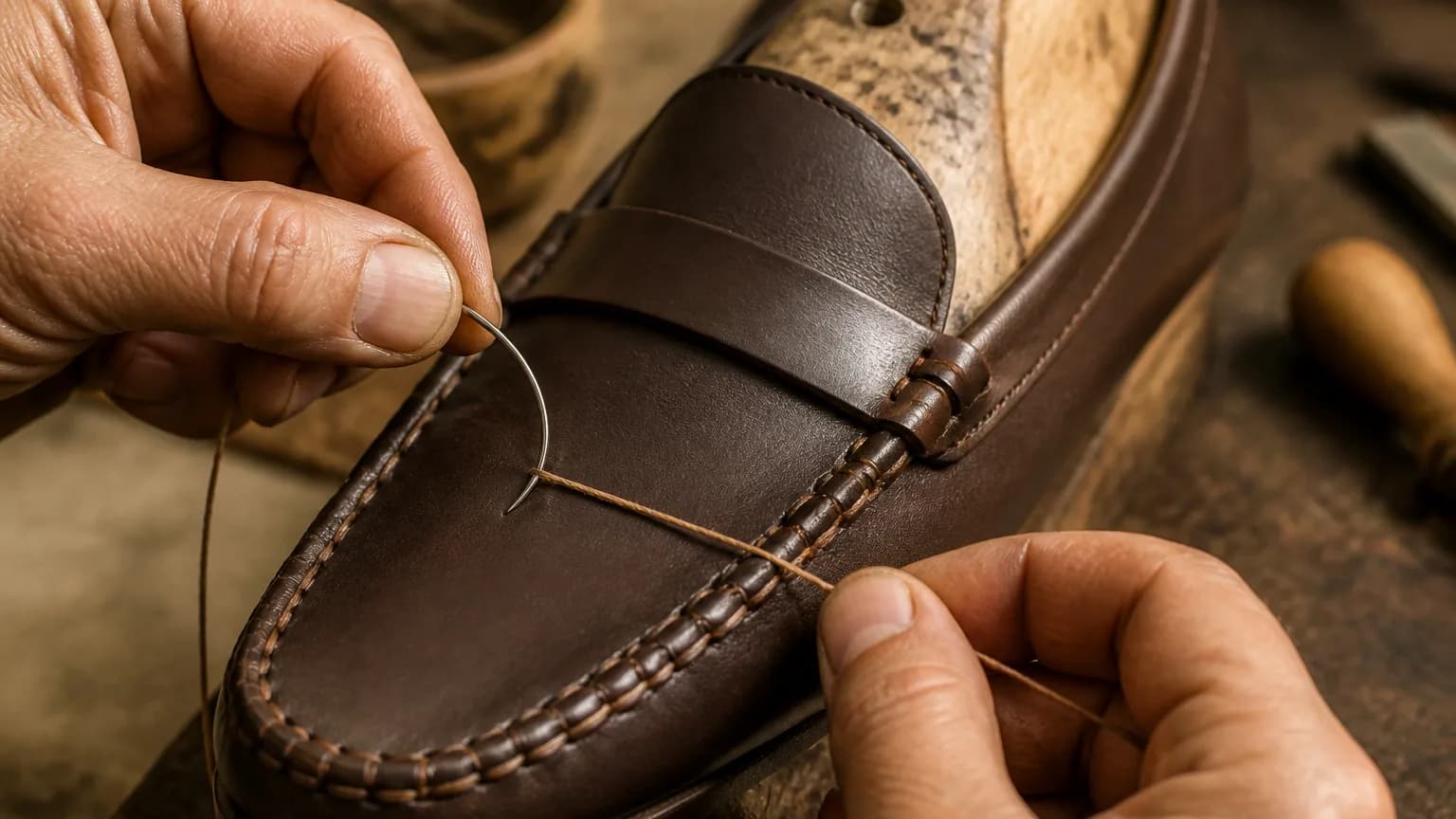 Two hands drawing a curved needle through the apron seam of a dark brown loafer on the last