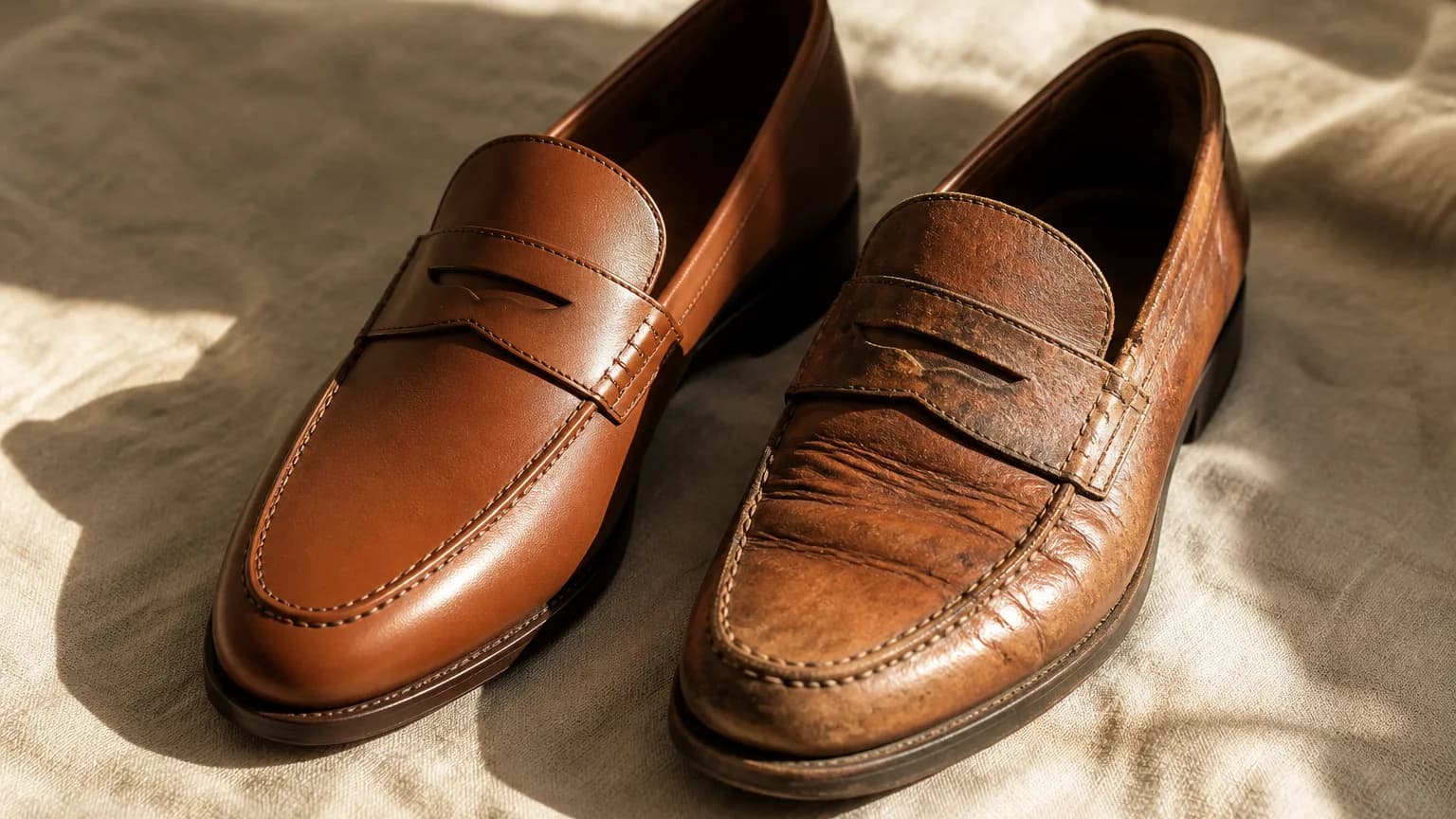 Two tan penny loafers in sunlight, one new and smooth, the other years old with a deep creased patina