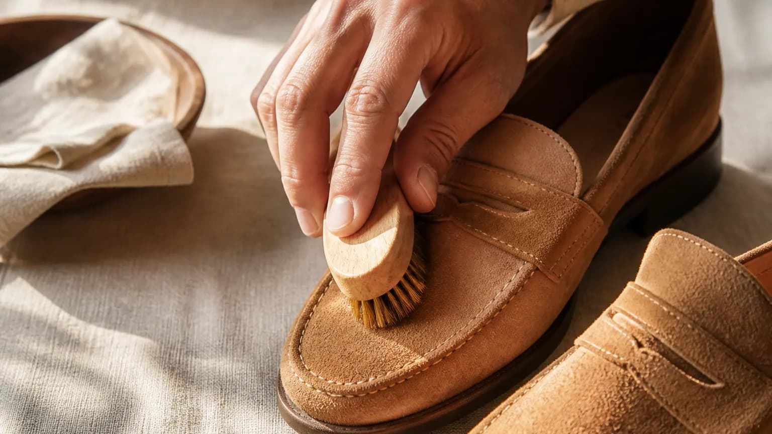 A hand raising the nap on a tan suede loafer with a wooden-handled brush