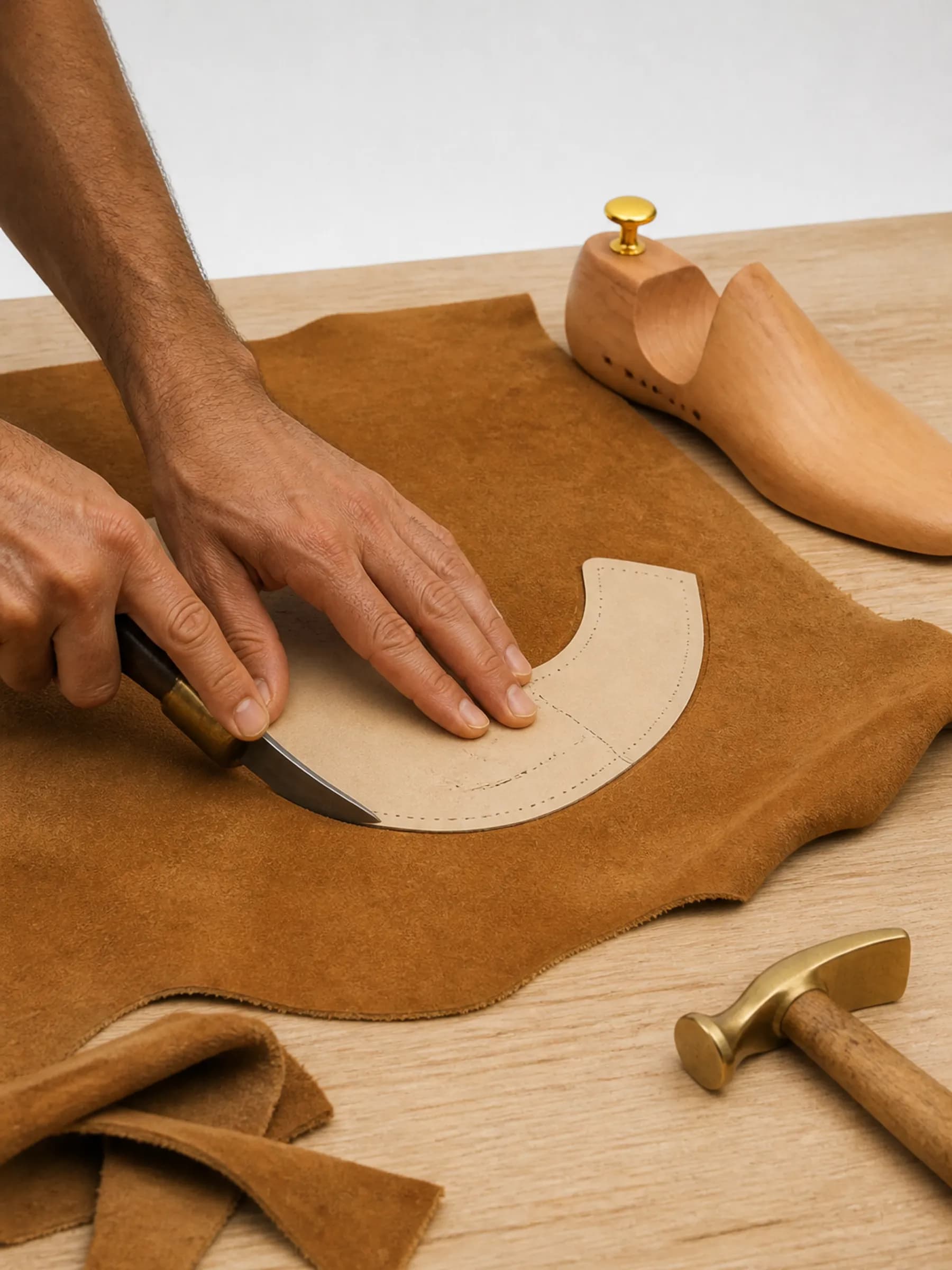 A craftsman cutting a loafer upper from tobacco suede, pattern laid on the hide