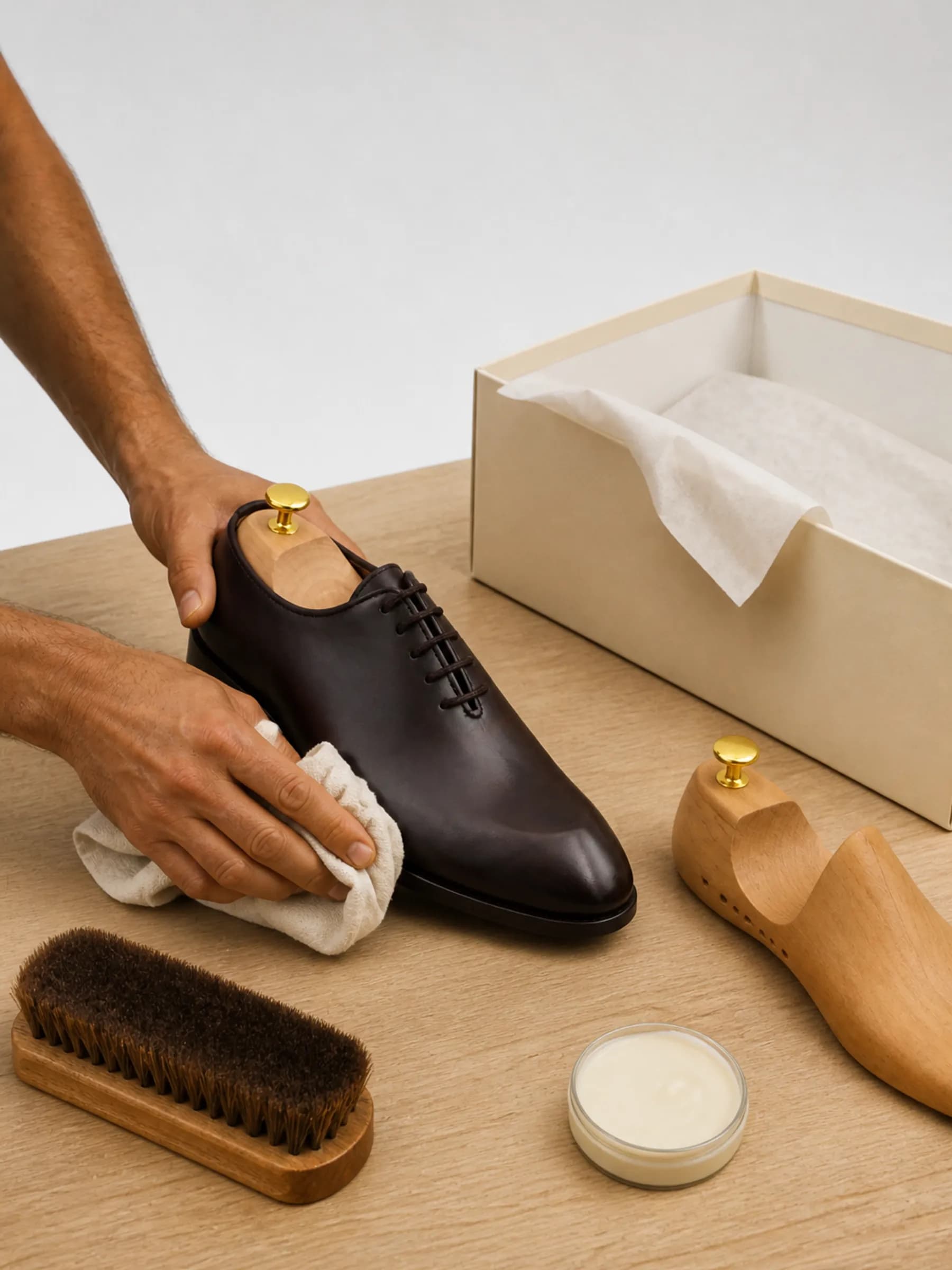 Hand-polishing a wholecut oxford beside an open box ready for packing