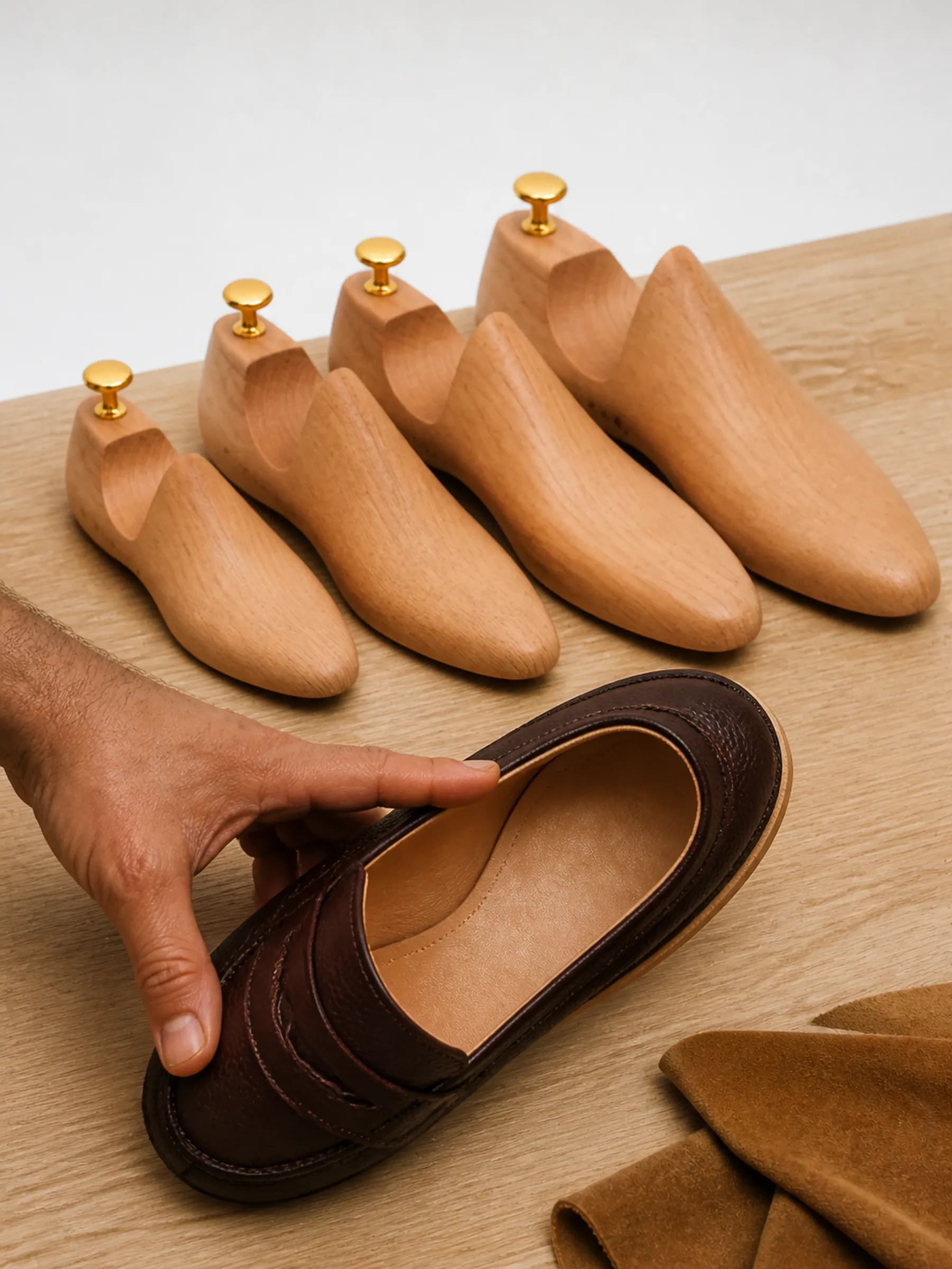 A run of wooden lasts beside a loafer opened to show its calf leather lining