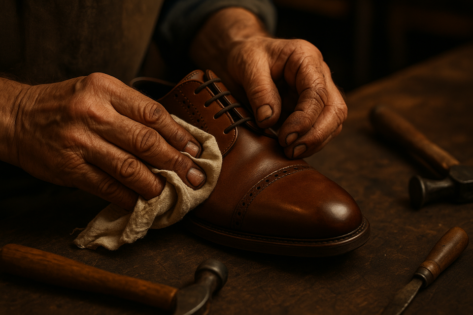 Close-up of artisan hands polishing a leather shoe