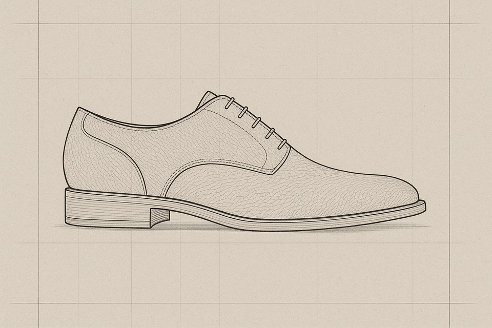 Minimal shoe silhouette sketch or design drawing board with leather textures